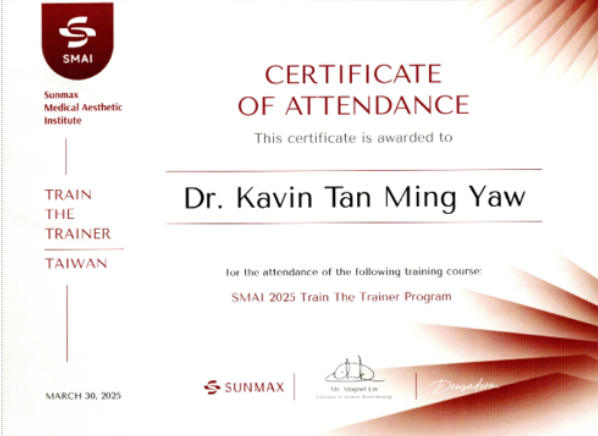 Certificate showing Dr Kavin as trainer for Deusaderm LIDO Collagen Injection training course